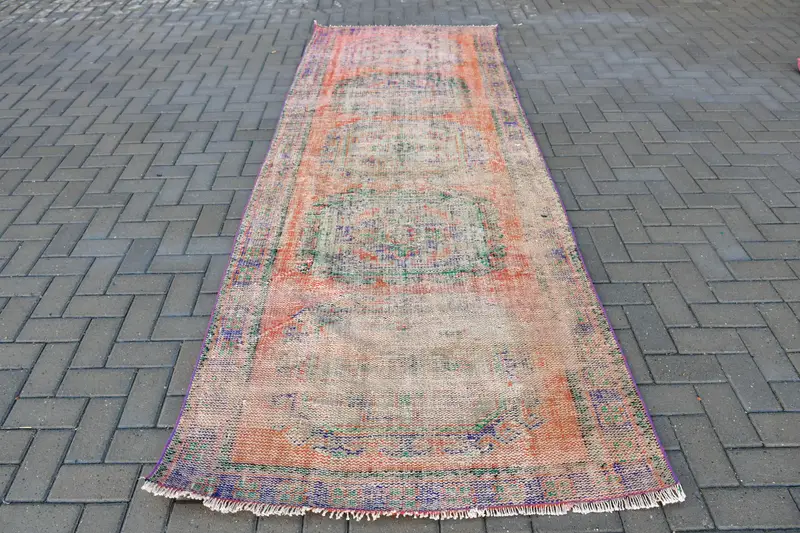 4x10,5 ft Vintage Teppich, türkischer Läuferteppich, orange blauer Ikatteppich - 1