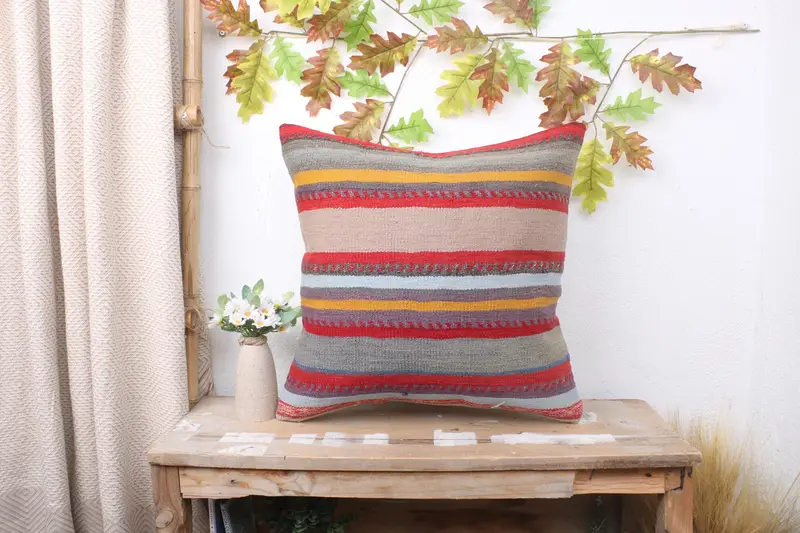 Vintage Kilim Pillow, Boho Pillow Sham Cover, Muted Pillow, Pillow Sham, Home Decor Pillow, Outdoor Bolster Cushion, 20x20 Blue Cushion Case - 1