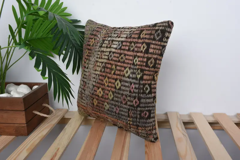 Toss Pillow Cover, Yoga Pillow, Vintage Pillow, 14x14 Brown Cushion, Cushion Cover, Ethnical Kilim Rug Pillow, Turkish Kilim Pillow - 5