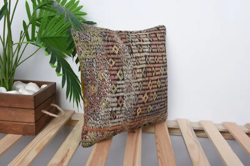 Toss Pillow Cover, Yoga Pillow, Vintage Pillow, 14x14 Brown Cushion, Cushion Cover, Ethnical Kilim Rug Pillow, Turkish Kilim Pillow - 4