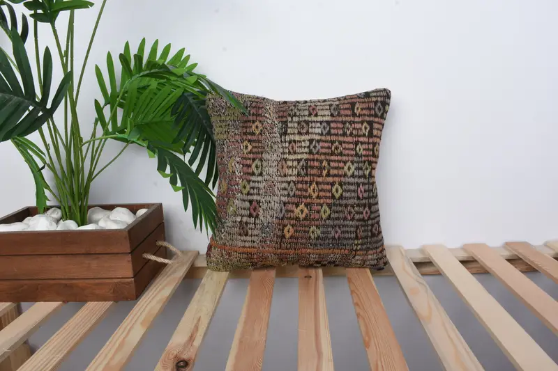 Toss Pillow Cover, Yoga Pillow, Vintage Pillow, 14x14 Brown Cushion, Cushion Cover, Ethnical Kilim Rug Pillow, Turkish Kilim Pillow - 1