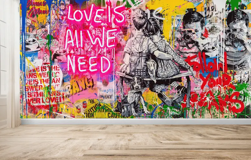 Modern Mekanlar için Sanatsal Banksy Love Graffiti Baskılı Duvar Kağıdı