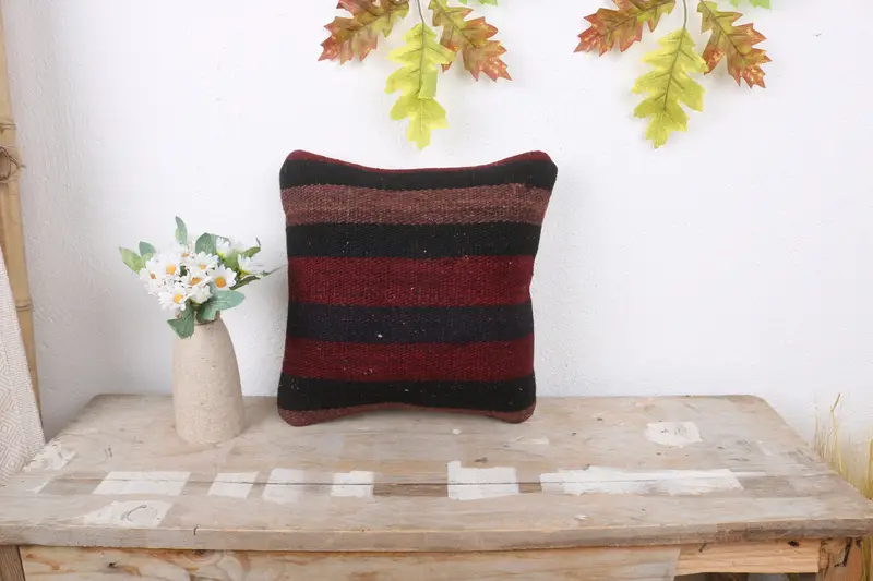 Vintage Kilim Pillow, Pillow Sham, Throw Kilim Pillow, 12x12 Red Pillow, Anatolian Cushion Case, Kilim Pillow Cover, Neutral Throw Cushion Case - 1