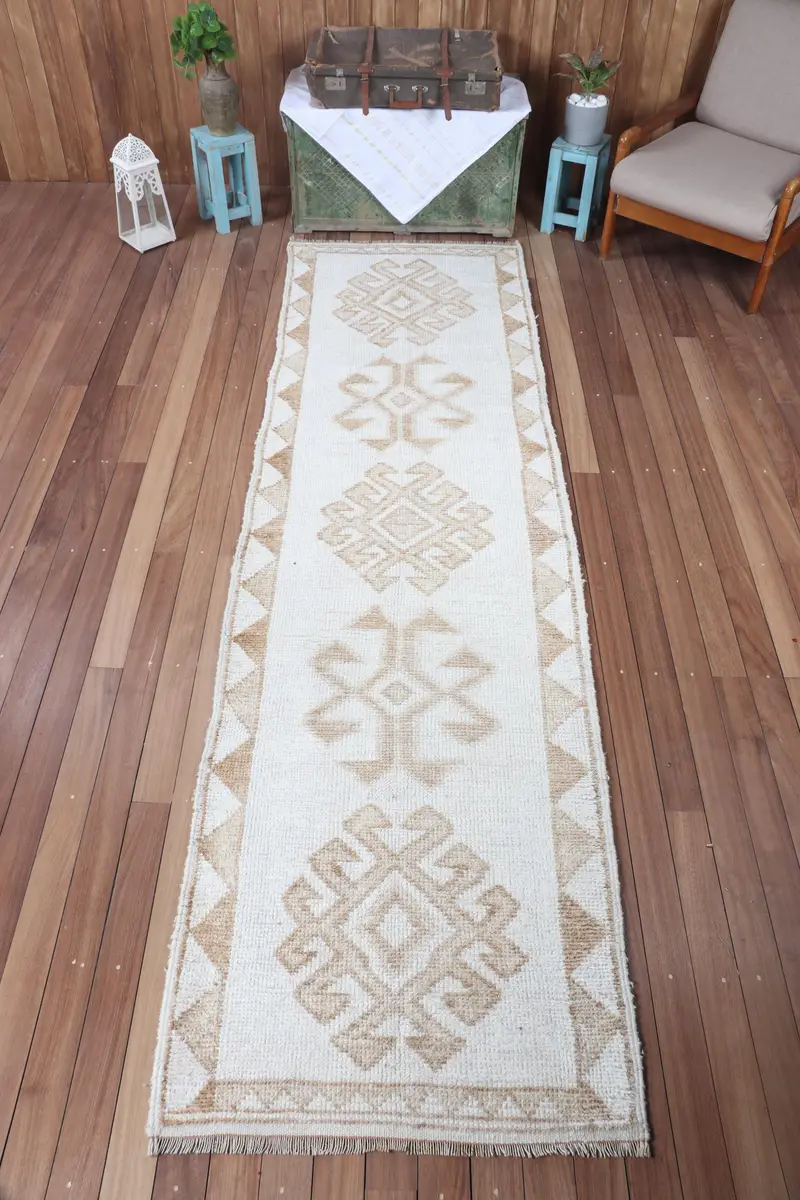 Turkish Rug, 3x10.8 ft Small Rug, Beige Geometric Vintage Rug - 1