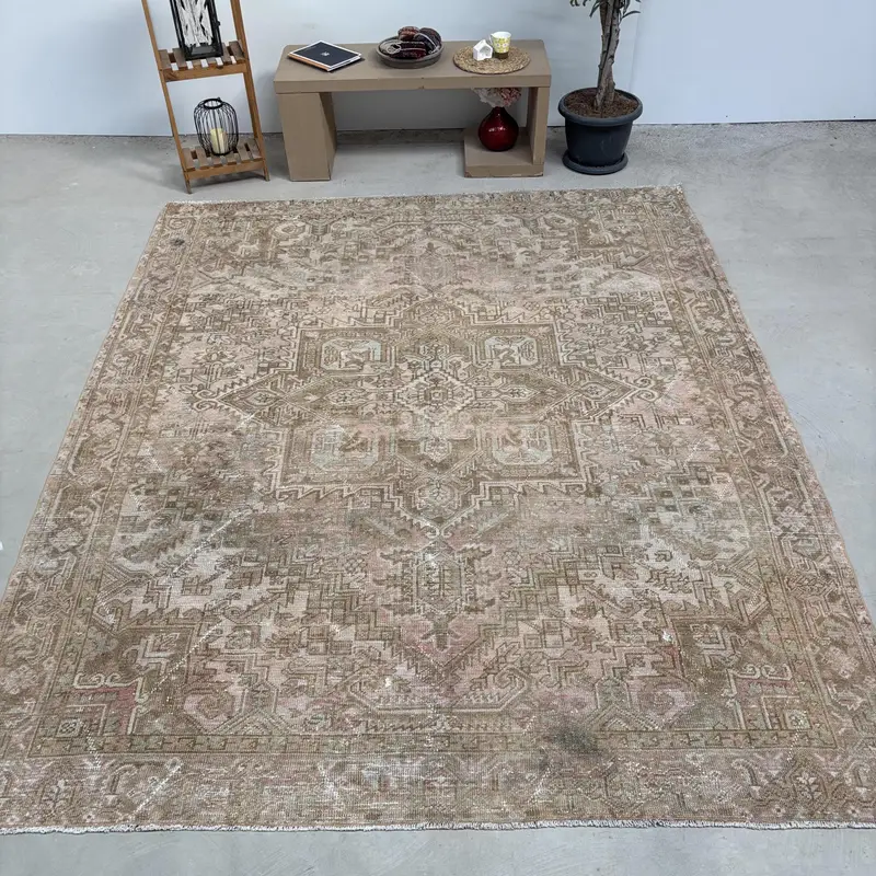 8x10.2 ft Turkish Vintage Rug, Oversize Rug, Oushak Brown Wool Rug - 1