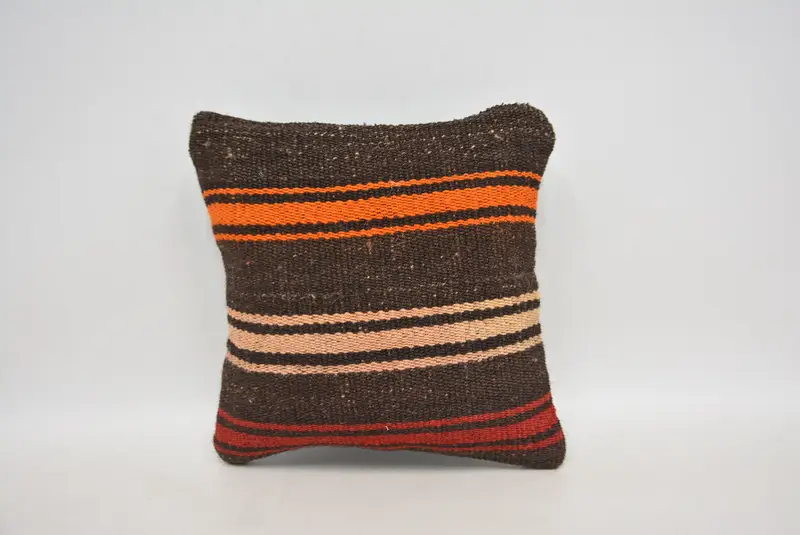 Turkish Pillow, Yoga Cushion, Pillow, Handwoven Cushion Cover, Interior Designer Pillow, Throw Kilim Pillow, 12x12 Brown Pillow Case - 1