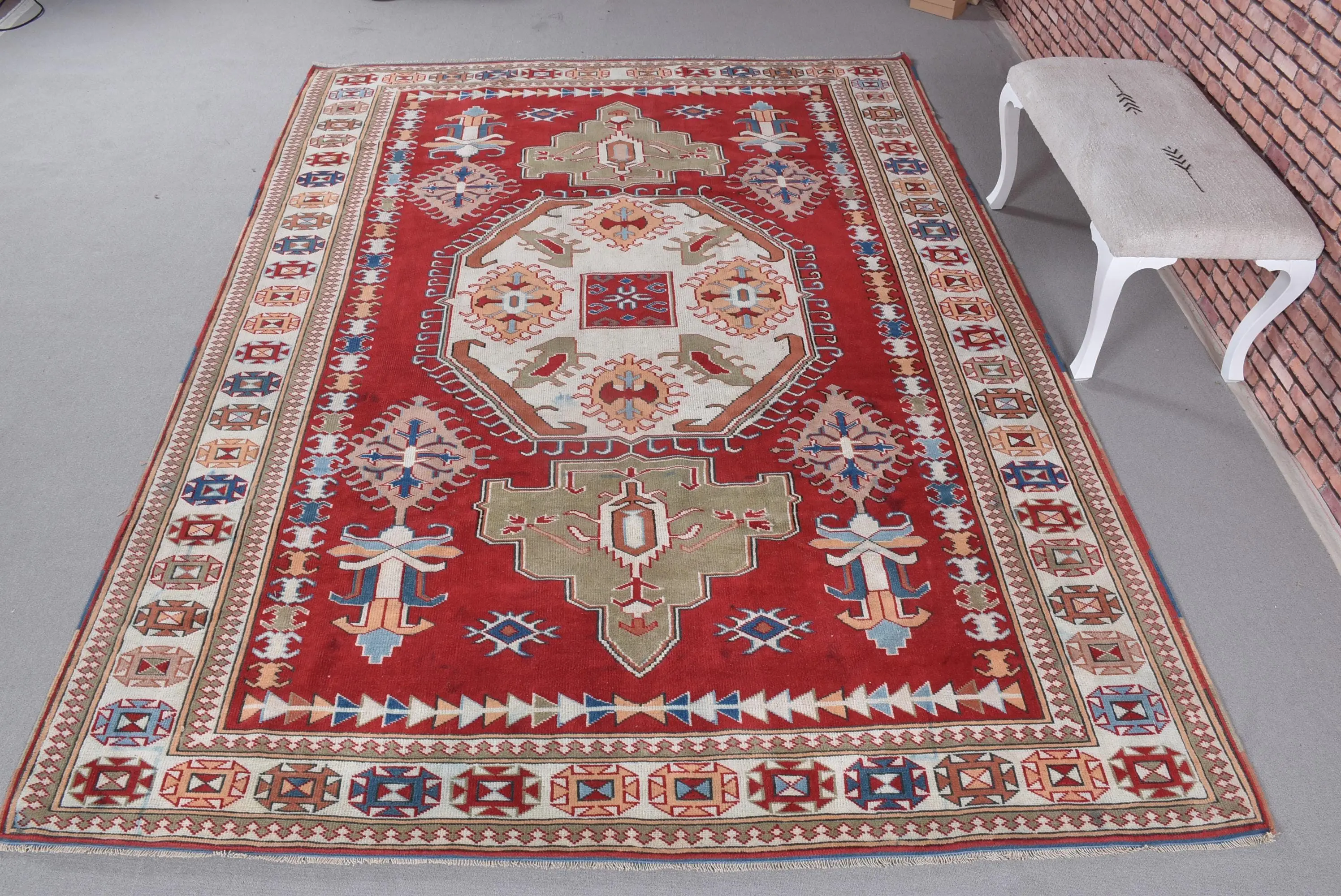 Vintage 7.4x10.2 ft Rug, Oversize Turkish Rug, Red Polka dot Wool Rug - 1