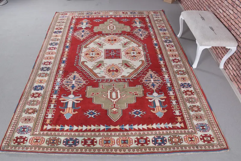 Kırmızı ve Bej Puantiyeli Halı, 7,4x10,2 ft Şık Dekor