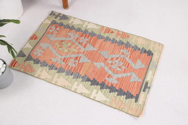 Vintage Küçük Halı 2.1x3.2 ft, Turuncu Bitkiler ve ağaçlar Türk Yün Halısı - 1