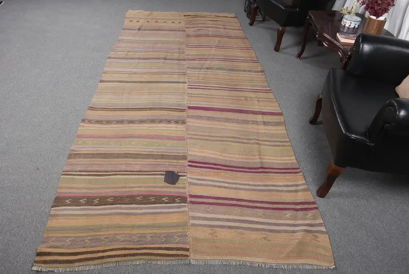 Türk Büyük Halı 4.3x10.6 ft, Vintage Kilim Kahverengi Çizgili Yün Halı - 1