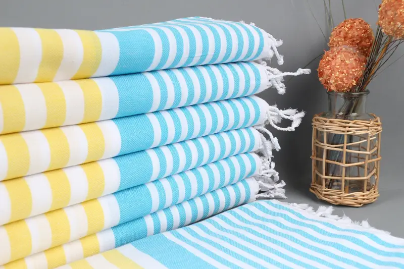 Custom Turkish Beach Towel Yellow-Turquoise Striped, 36x67 Inches