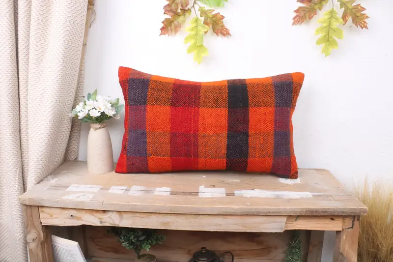 Toss Cushion, 12x20 Orange Cushion Cover, Pillow Cover, Bright Cushion Cover, Turkish Kilim Pillow, Interior Designer Pillow, Kilim Pillow Cover - 1