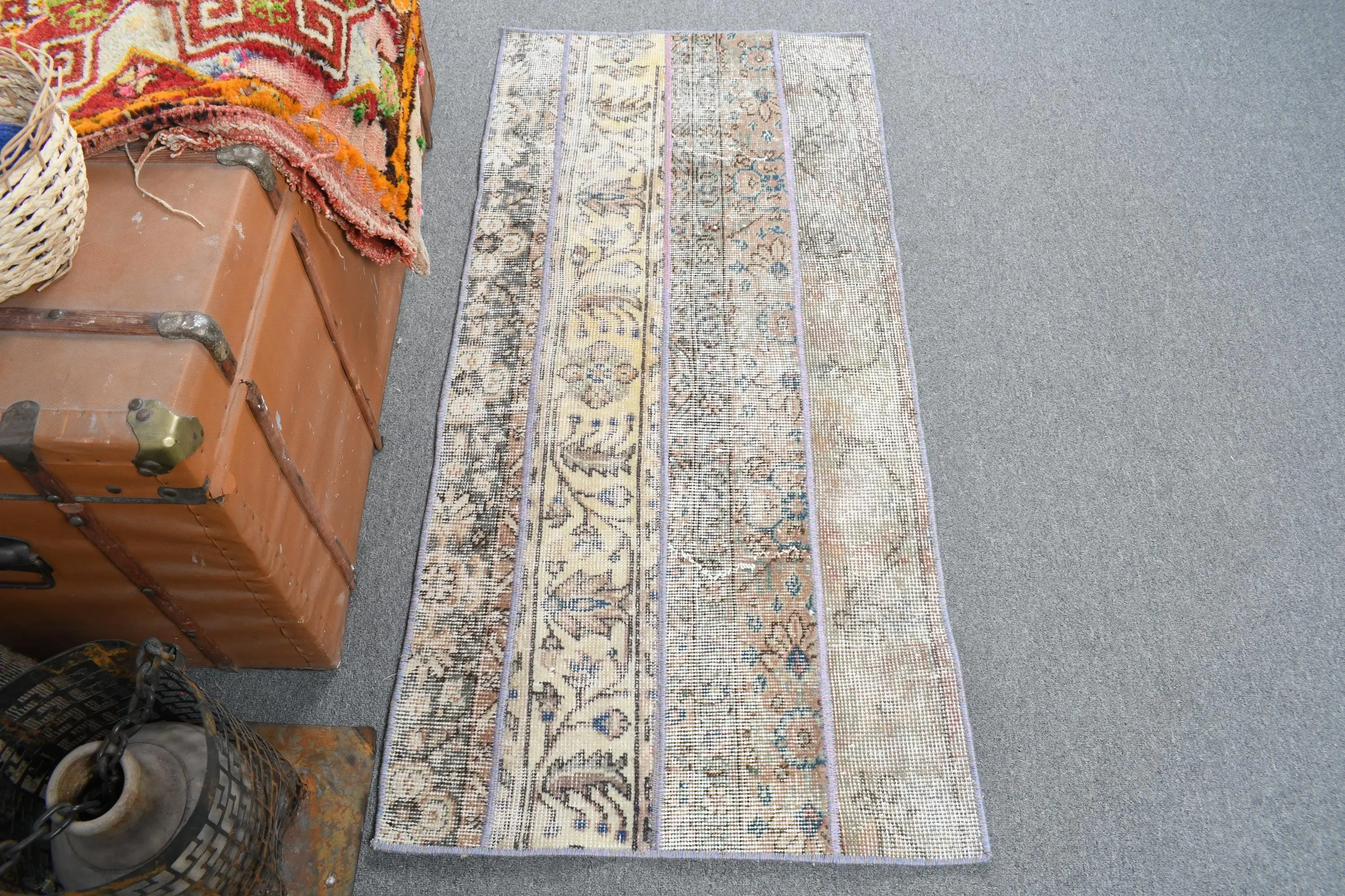 2.1x4.4 ft Vintage Turkish Rug, Small Rug, Brown Blue Striped Wool Rug - 1