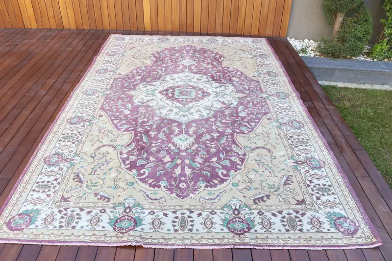 6.6x10 ft Rug, Turkish Vintage Rug, Oushak Purple Animal Print Rug - 1