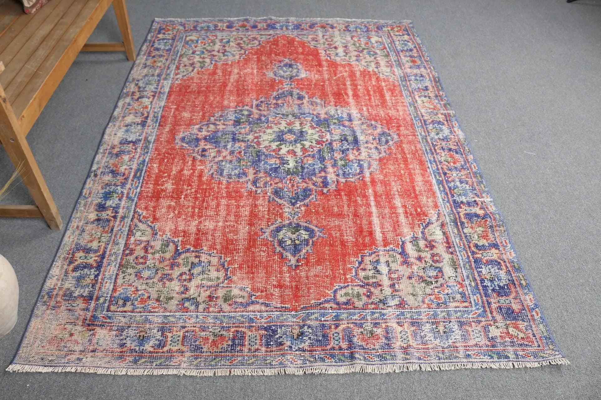 5.2x7.3 ft Turkish Rug, Vintage Area Rug, Red Blue Polka dot Wool Rug - 1