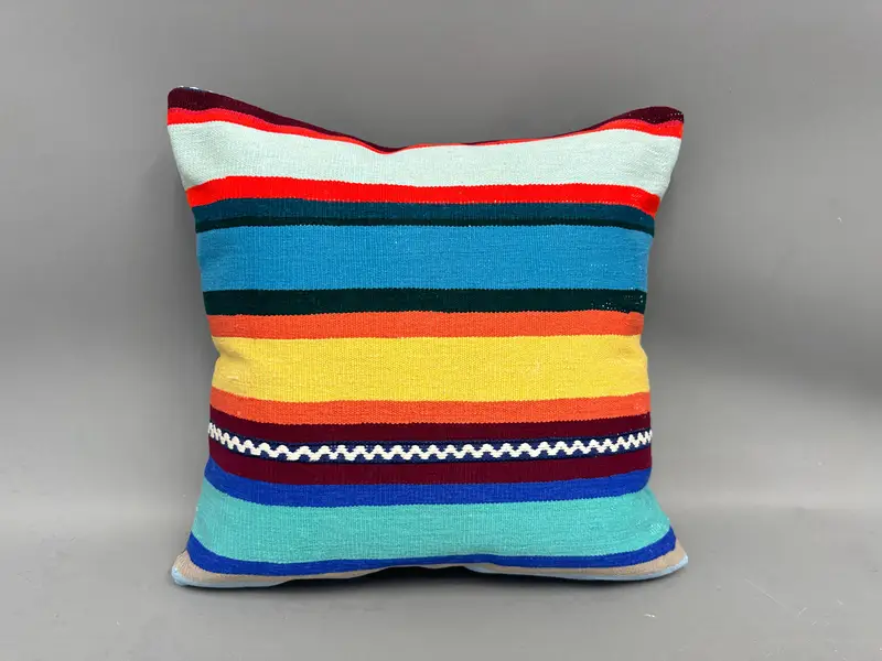 Boho Pillow, Turkish Kilim Pillow, Handmade Kilim Cushion, 20x20 Blue Cushion, Outdoor Bolster Pillow Cover, Cushion Cover - 4