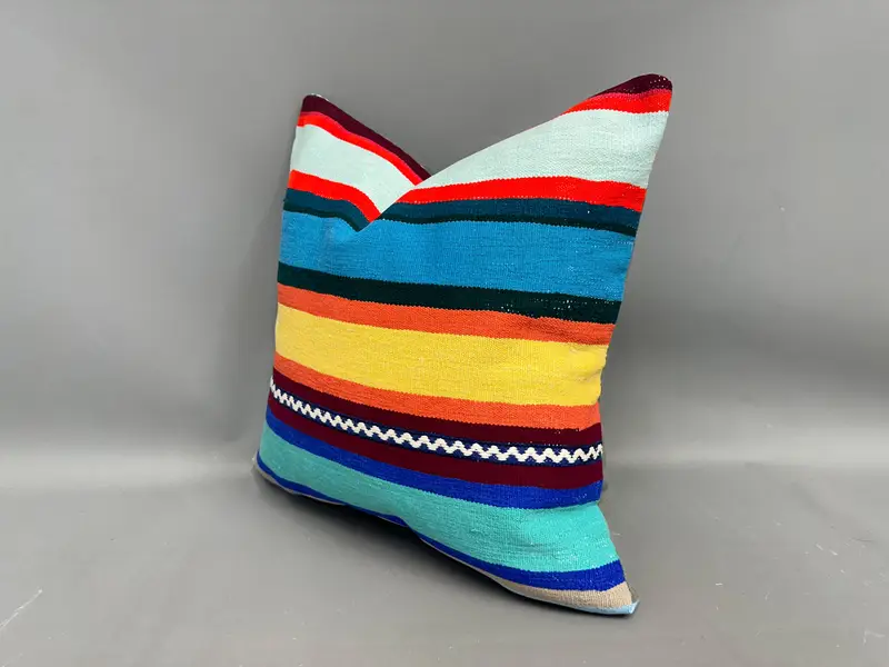 Boho Pillow, Turkish Kilim Pillow, Handmade Kilim Cushion, 20x20 Blue Cushion, Outdoor Bolster Pillow Cover, Cushion Cover - 3