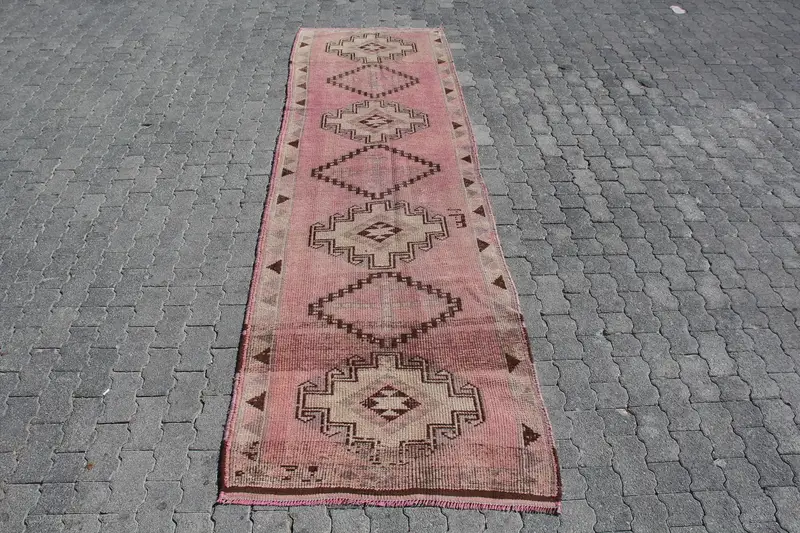 Turkish 3.2x11.1 ft Rug, Runner Vintage Rug, Red Brown Camouflage Rug - 1