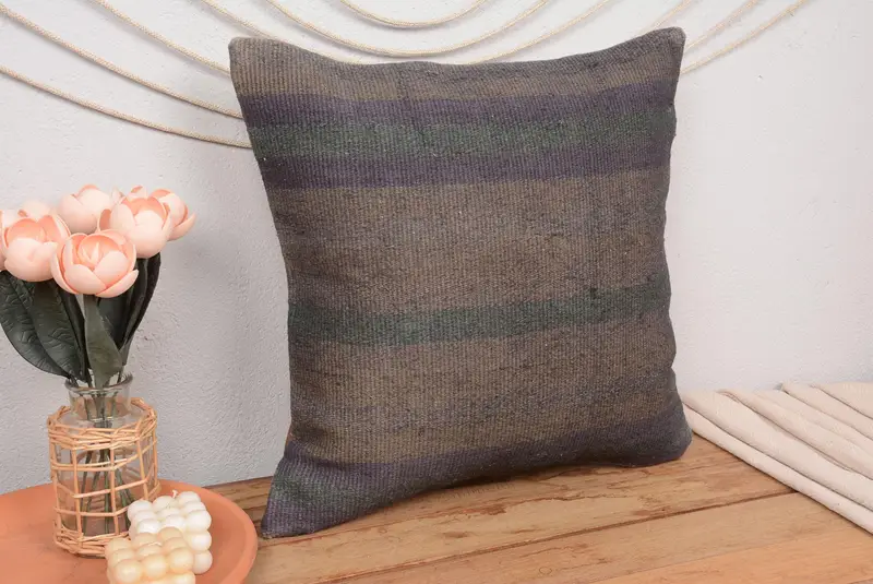 Braun & Lila gestreiftes Wurfkissen, 20x20 besticktes Leinenkissen