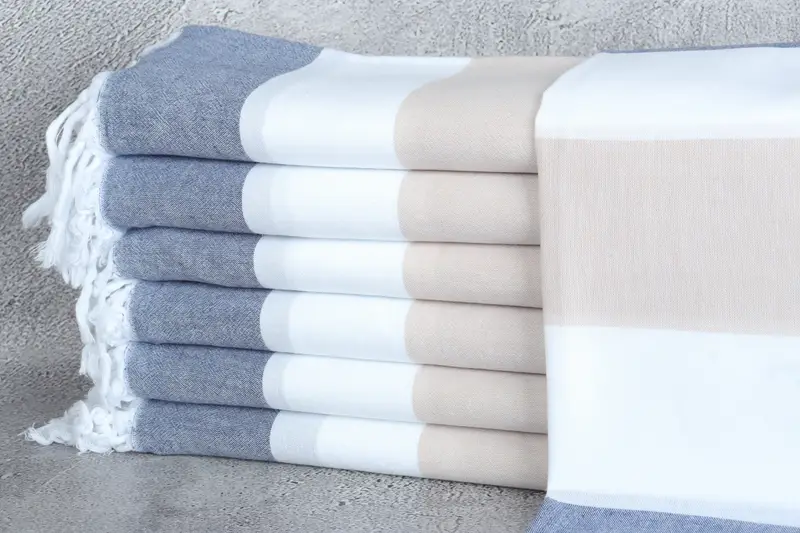 Bachelorette Towel Navy Blue-Beige Striped Organic Beach Towel, 40x71 Inches