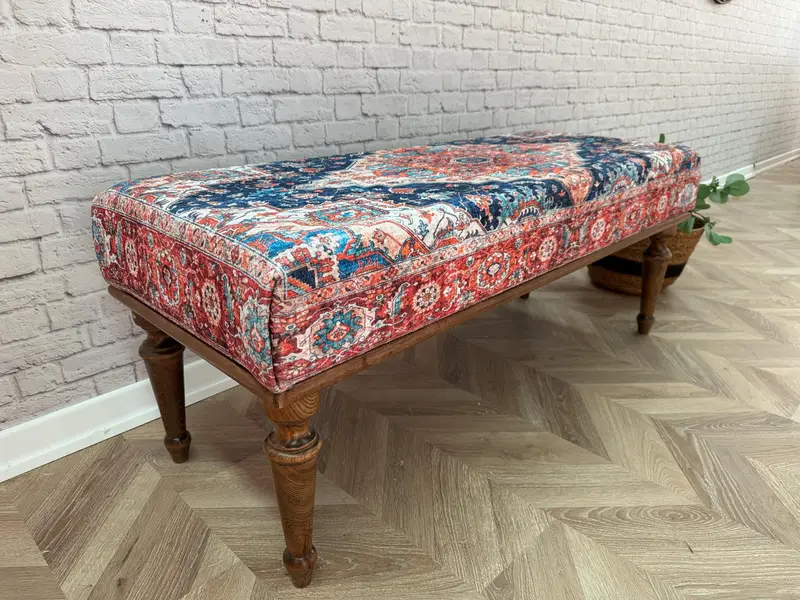 Modular Kilim-Inspired Ottoman Set, Blue and Pink Wool Blend Ottoman