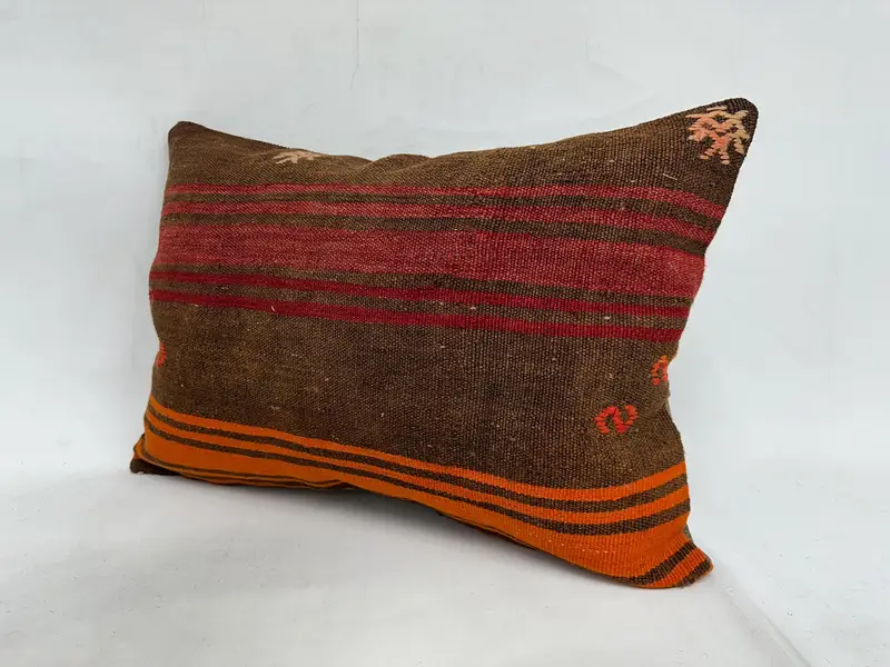 Ethnical Kilim Rug Pillow, Throw Kilim Pillow, 20x28 Orange Cushion, Pillow Sham, Handwoven Pillow Cover Pillow, Handmade Kilim Cushion - 4