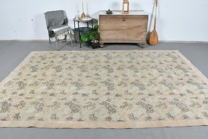 Eleganter beige-grüner Teppich, 6,9 x 10,4 Fuß, geometrisches Blumenmuster