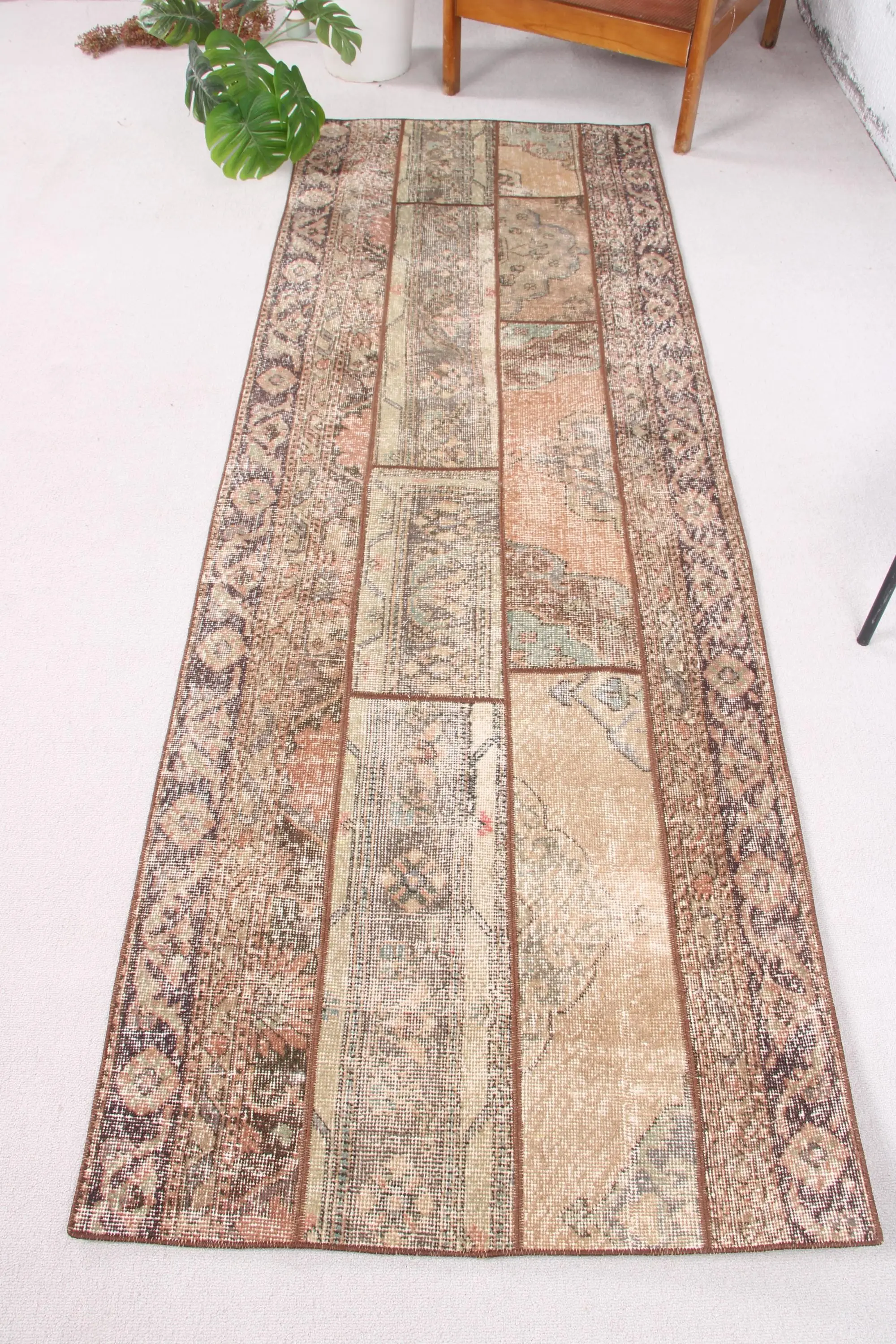 2.9x8.2 ft Runner Turkish Rug, Brown Bordered Vintage Rug - 1