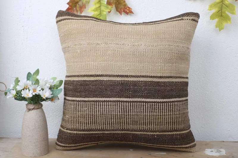 Turkish Pillow, Cotton Pillow, Ethnical Kilim Rug Pillow, Cushion Case, Pillow for Sofa, Turkish Bench Cushion Cover, 16x16 Brown Pillow - 2