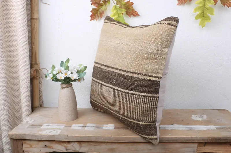 Turkish Pillow, Cotton Pillow, Ethnical Kilim Rug Pillow, Cushion Case, Pillow for Sofa, Turkish Bench Cushion Cover, 16x16 Brown Pillow - 4