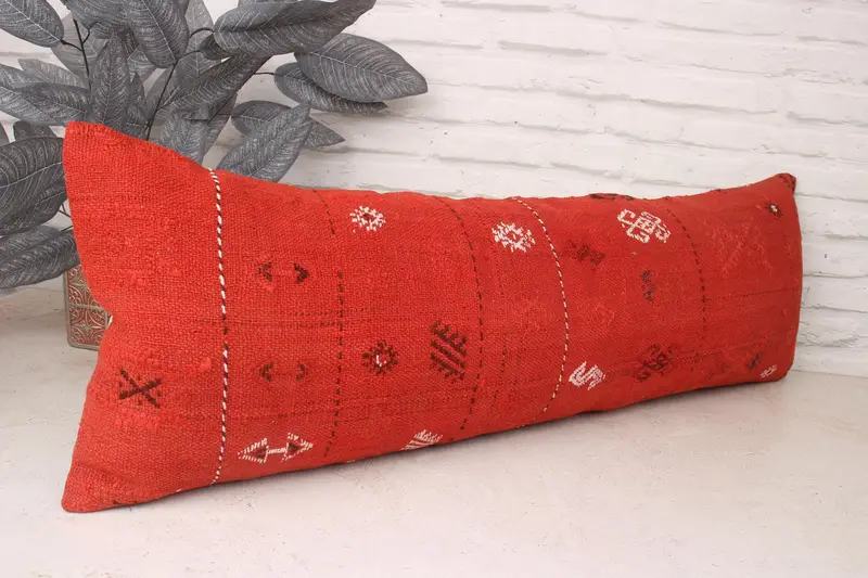 Turkish Pillow, Pillow for Couch, Turkish Corner Cushion, Kilim Cushion Sham, Nautical Throw Pillow Sham, Pillow Case, 12x36 Red Cushion - 3