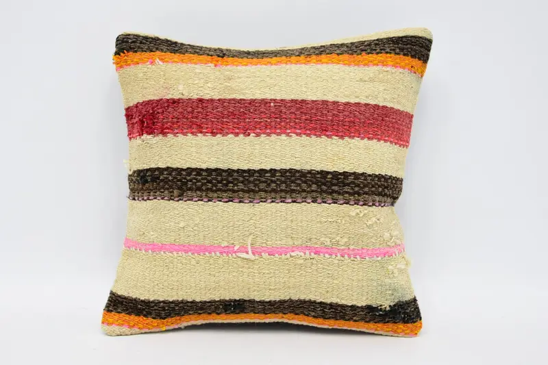 Ethnical Kilim Rug Pillow, Kilim Pillow, Vintage Kilim Pillow, Colorful Pillow Case, 12x12 Beige Cushion Cover, Pillow Sham, Customized Pillow Cover - 1