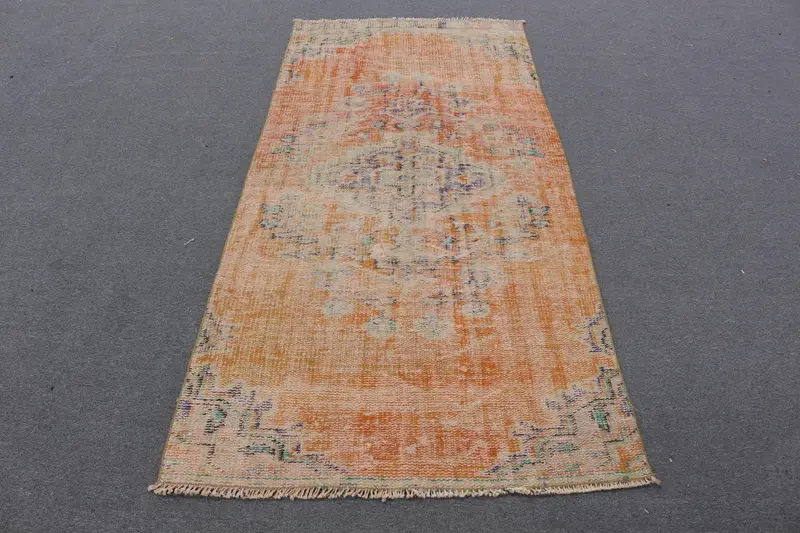 Orange-blauer Karoteppich, 3,5 x 7,6 Fuß, schickes Dekor