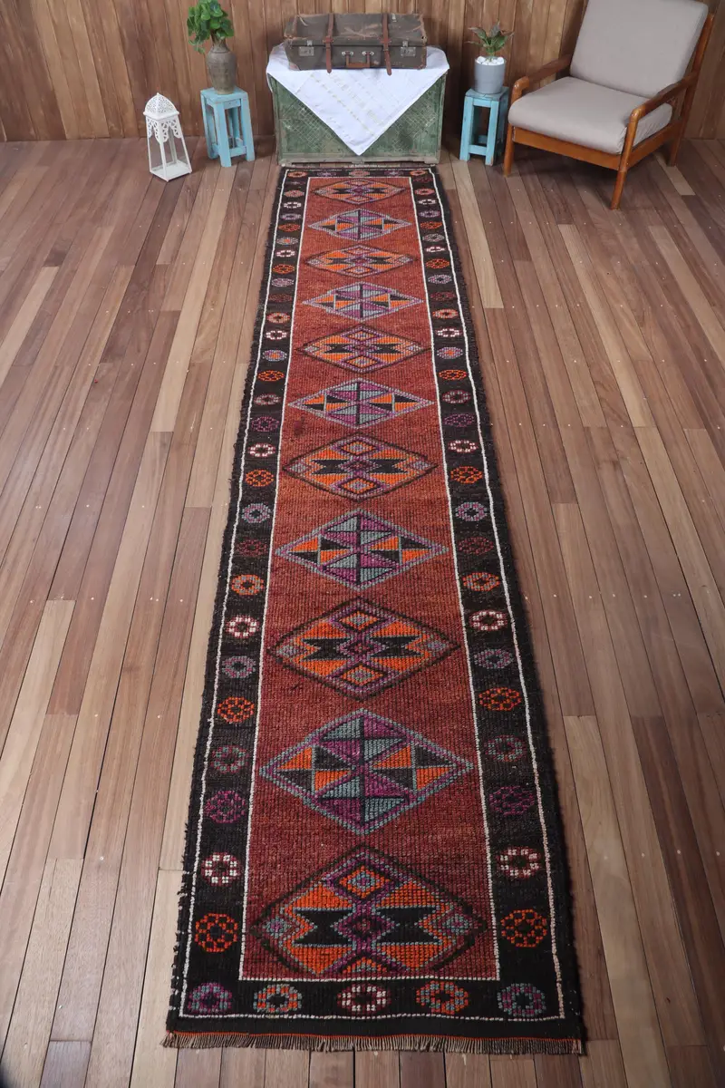 Turkish 2.9x13.6 ft Rug, Small Vintage Rug, Brown Geometric Rug - 1