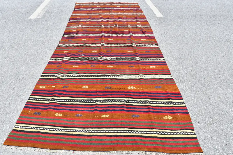 Alfombra de corredor turca vintage 5,1x13,2 pies (156x402 cm), alfombra Kilim roja del suroeste - 1