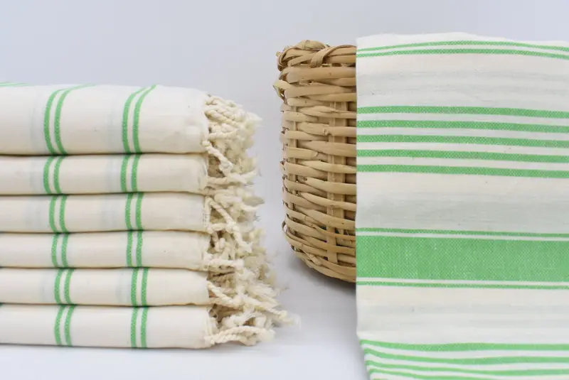 Embroidered Beach Towel Green Striped Organic Cotton, 70x40 Inches