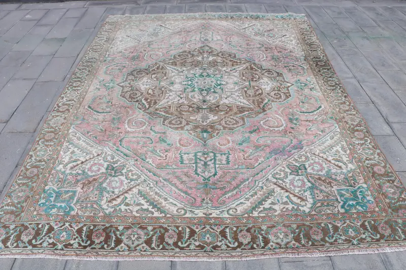 Alfombra vintage de 9,1x12,2 pies, alfombra turca de gran tamaño, alfombra marrón con plantas y árboles - 1