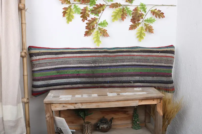 Bolster Throw Pillow Case, Ethnical Kilim Rug Pillow, Vintage Kilim Pillow, Turkish Kilim Pillow, Sofa Pillow Sham, 16x48 Green Pillow, Pillow Cover - 1