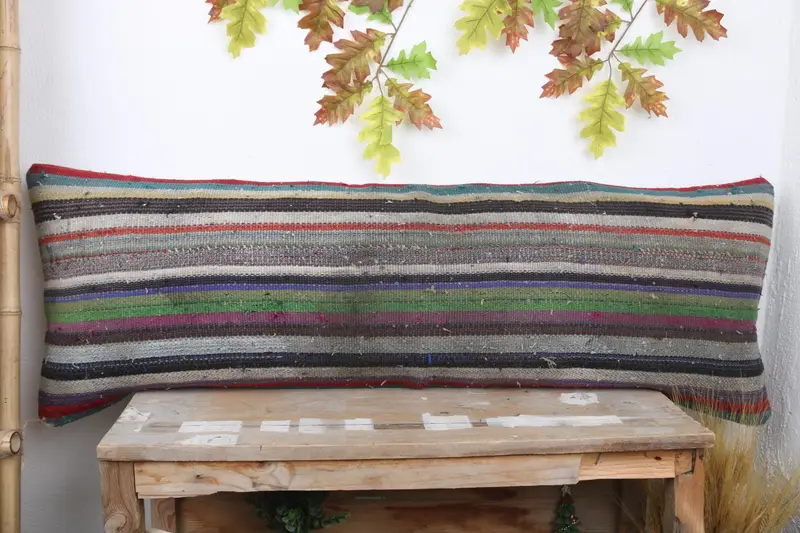 Bolster Throw Pillow Case, Ethnical Kilim Rug Pillow, Vintage Kilim Pillow, Turkish Kilim Pillow, Sofa Pillow Sham, 16x48 Green Pillow, Pillow Cover - 2