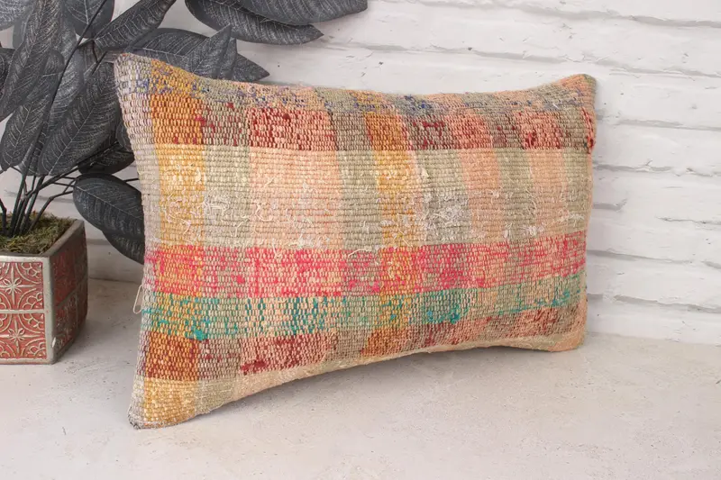 Farmhouse Pillow, Boho Pillow Sham Cover, Vintage Kilim Pillow, Cushion, Throw Kilim Pillow, Retro Throw Pillow Case, 12x20 Red Pillow Cover - 3