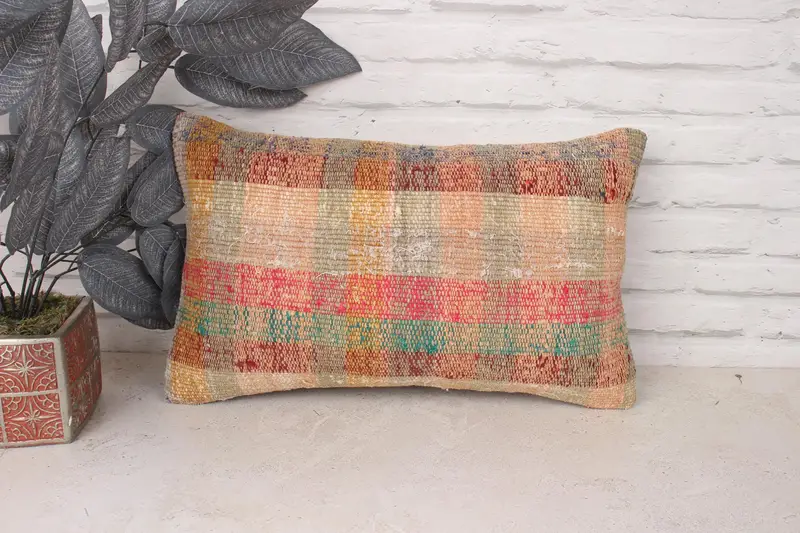 Farmhouse Pillow, Boho Pillow Sham Cover, Vintage Kilim Pillow, Cushion, Throw Kilim Pillow, Retro Throw Pillow Case, 12x20 Red Pillow Cover - 1