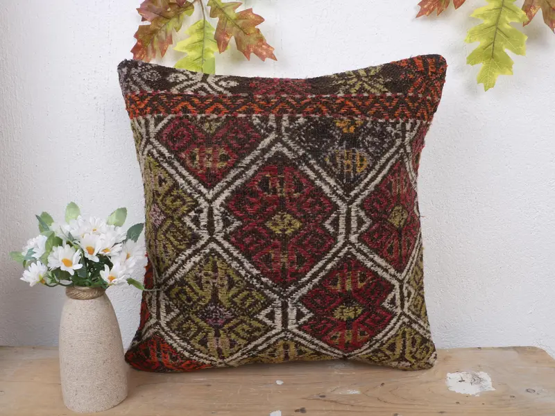 Rot & Grau besticktes Wurfkissen, geometrisches Vintage-Kissen