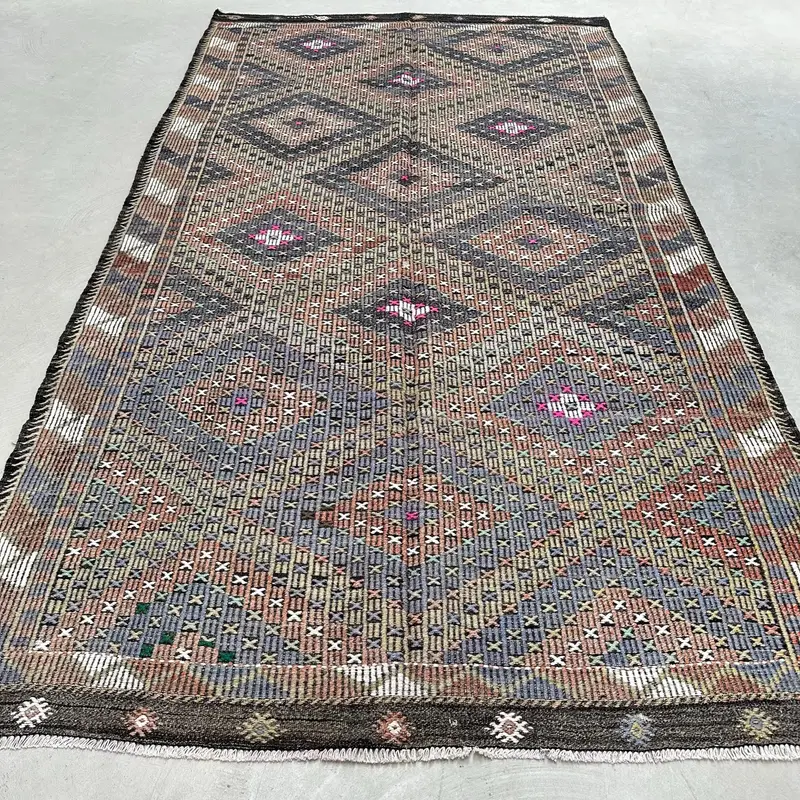 Zarif Yeşil ve Mor Halı, 5,9x10,7 ft Şık Kareli Tasarım