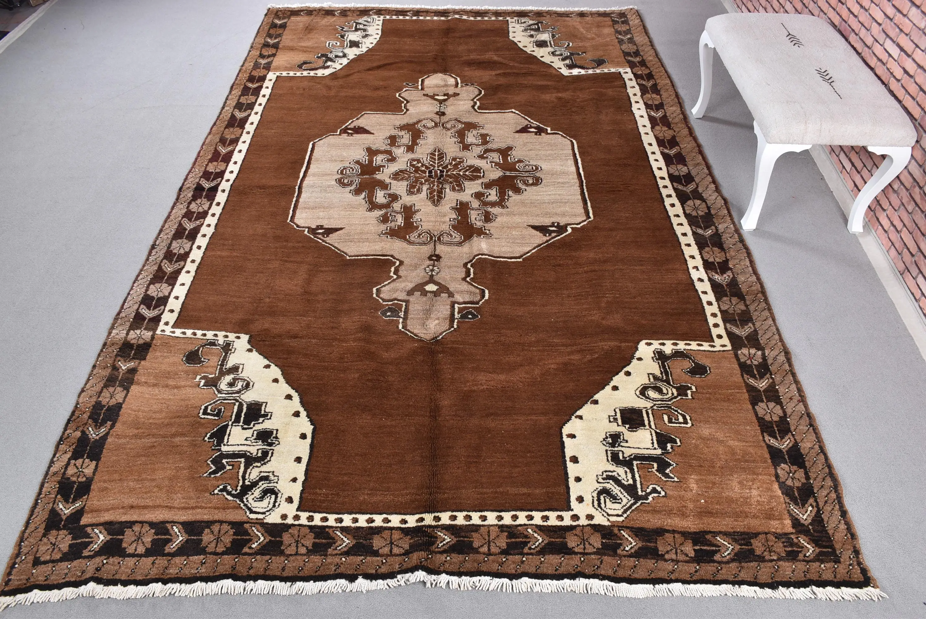 7.1x11 ft Vintage Rug, Turkish Rug, Brown Floral Wool Rug - 1