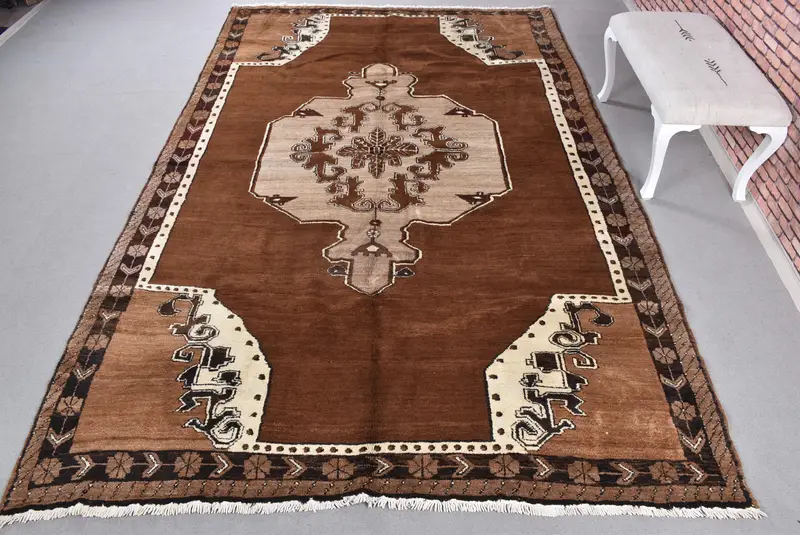 Kahverengi ve Bej Halı, 7,1x11 ft Geometrik Çiçek Desenli