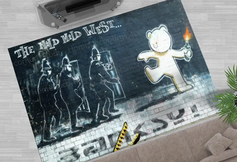 エレガントなプリントラグ：モダンな空間向けのバンクシーベアグラフィティデザイン