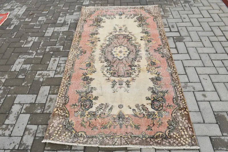 3.7x6.8 ft Türk Oushak Halısı, Kırmızı Çizgili Vintage Yün Halı - 1