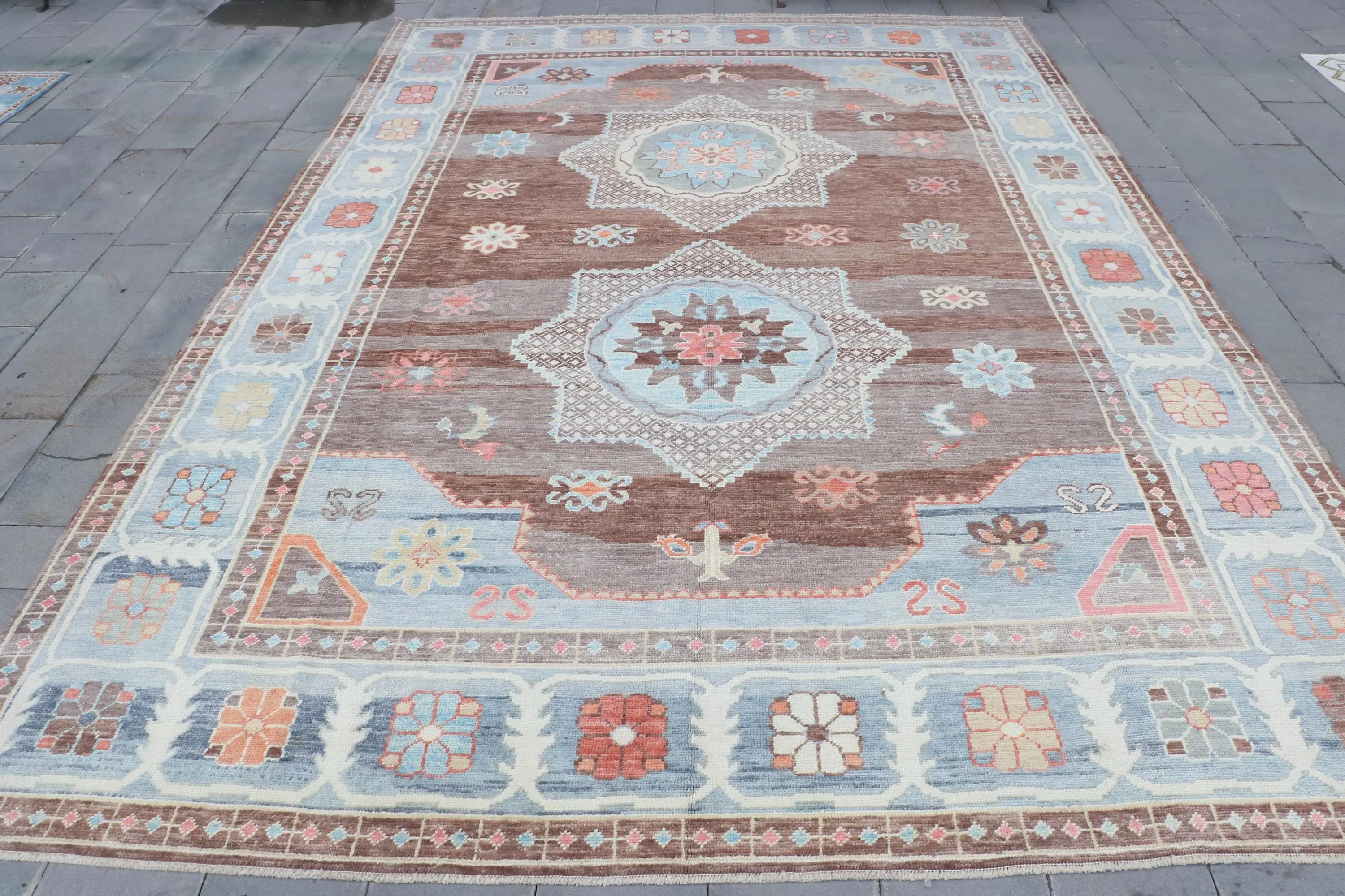 10.6x15.3 ft Rug, Vintage Turkish Rug, Blue Brown Abstract Wool Rug - 1