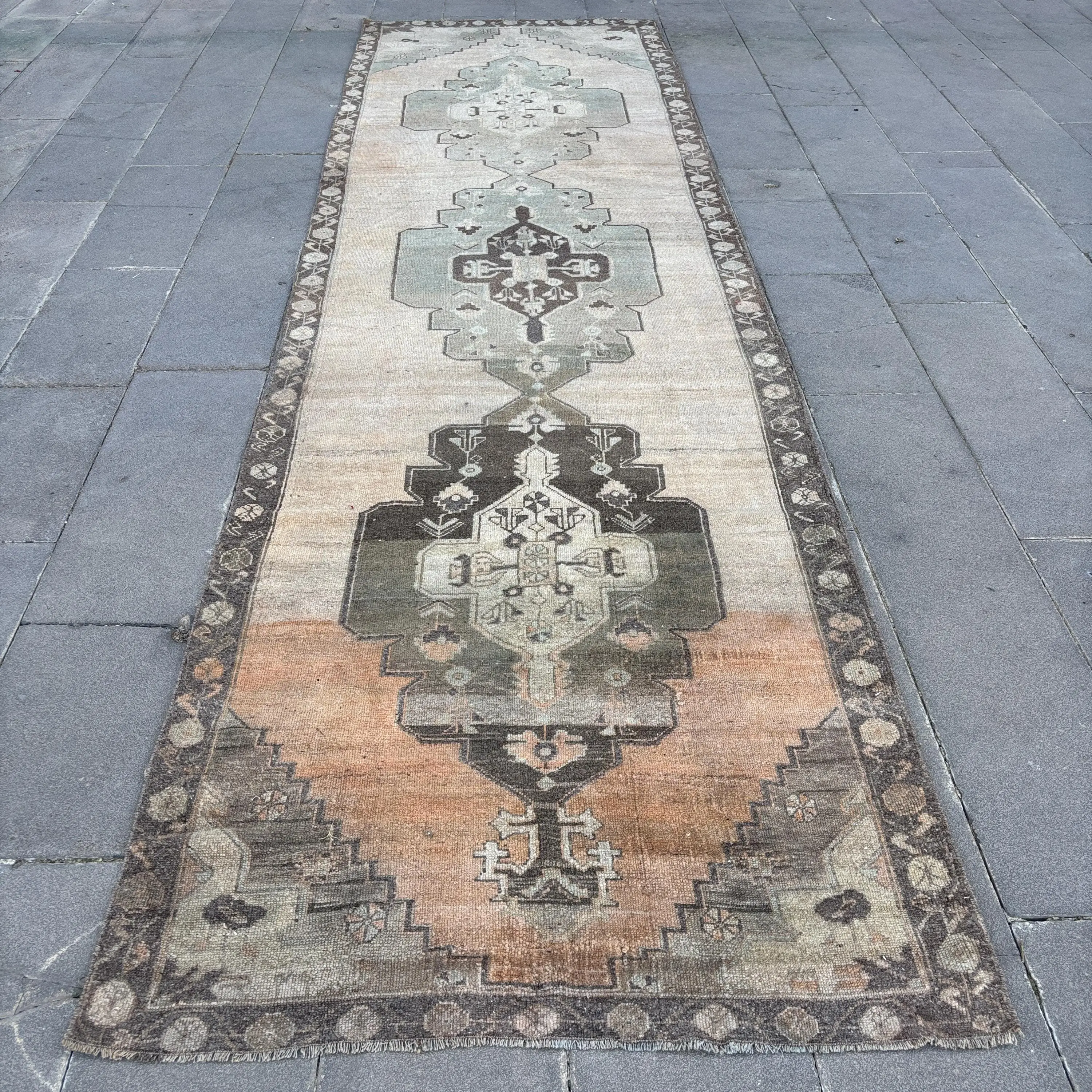3.8x14.2 ft Vintage Rug, Turkish Runner Rug, Brown Gray Patchwork Wool Rug - 1