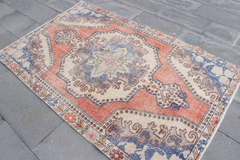 Turkish Vintage Rug, 4.2x6.6 ft Oushak Rug, Red Blue Southwestern Wool Rug - 1